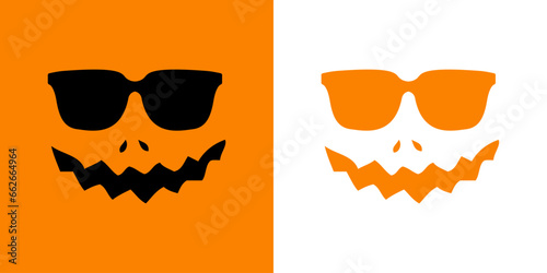 Logo con cara de calabaza de Halloween con gafas de sol para su uso en invitaciones y tarjetas