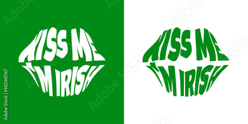 Día de San Patricio. Logo con palabra kiss me i'm irish con forma de silueta de labios de mujer en tipografía retro para su uso en invitaciones y tarjetas