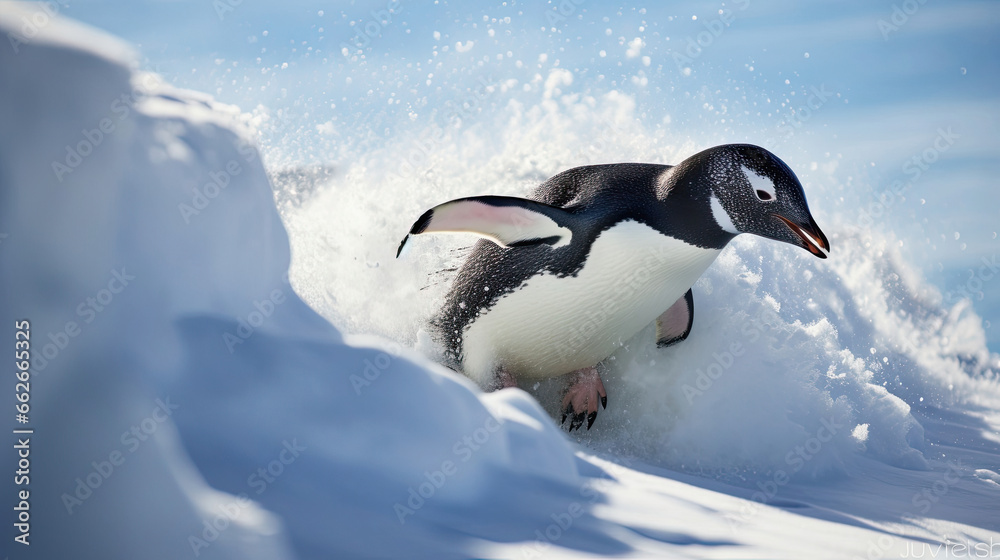 Fototapeta premium Penguins Gleefully Slide Down Snowy Hill on Bellies