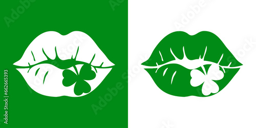 Día de San Patricio. Beso irlandés. Logo con silueta de labios de mujer con shamrock de 3 hojas en espacio negativo