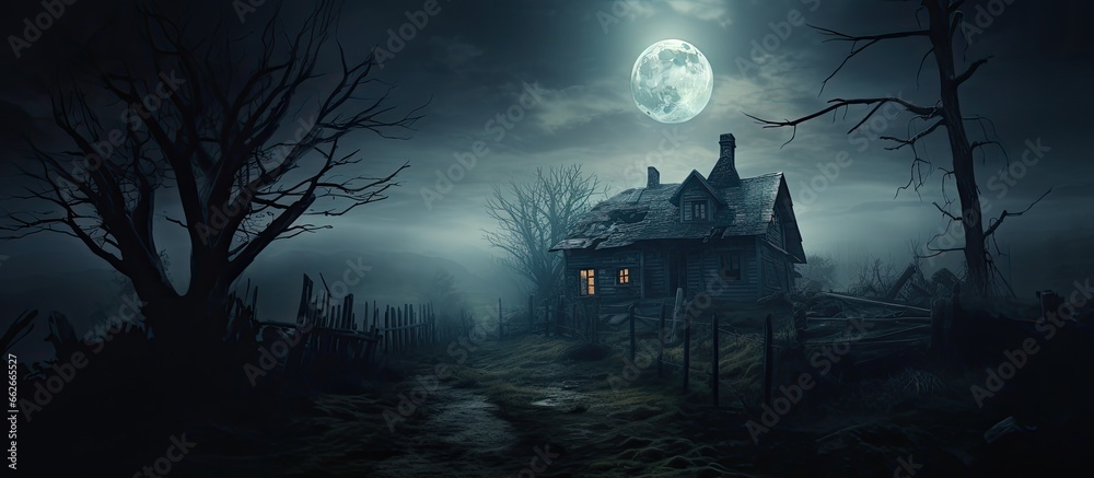 Haunted house at night with spooky trees and a giant moon With copyspace for text