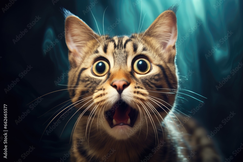 surprised funny cat with open mouth on nature background.