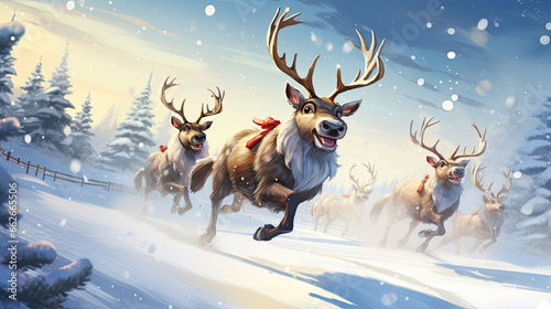 Snowy Field Frolic: Reindeer's Energetic Winter Games