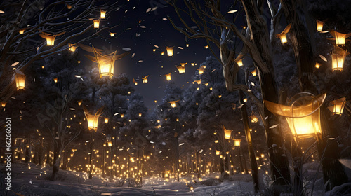 Enchanted Firefly Flight: Lanterns in the Snowy Night Sky