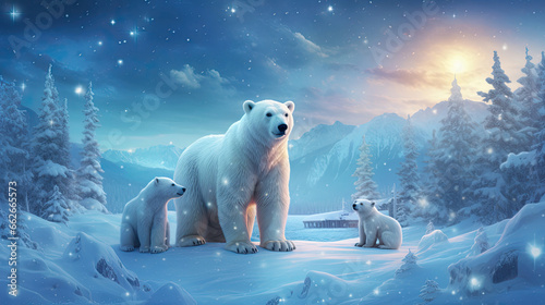 Polar Bear Family Reunion  Icy Wonderland and Northern Lights