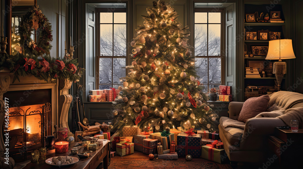 A cozy living room adorned with twinkling lights and a grand Christmas tree surrounded by presents wrapped in vibrant paper