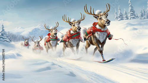 Thrilling Reindeer Ski Race Down Snowy Slope © javier