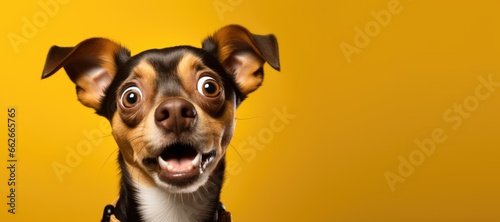 surprised funny dog with open mouth on solid bright background.