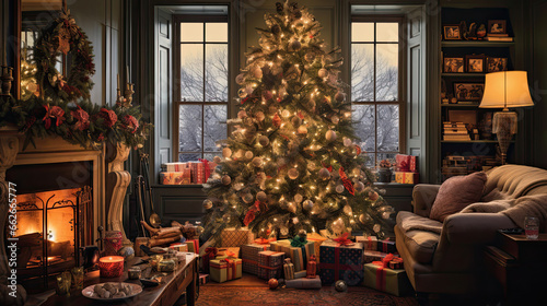 A cozy living room adorned with twinkling lights and a grand Christmas tree surrounded by presents wrapped in vibrant paper