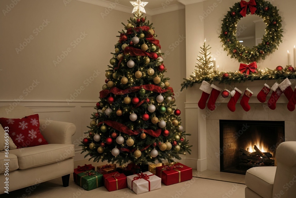 Cozy Christmas Living Room with Decorated Tree and Fireplace