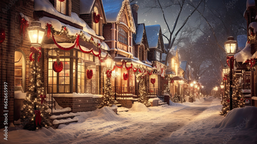 Rows of festively decorated storefronts with vibrant holiday displays snow-covered roofs and twinkling lights