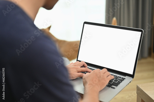 Close up of man using laptop in living room. Blank screen for your advertising text message