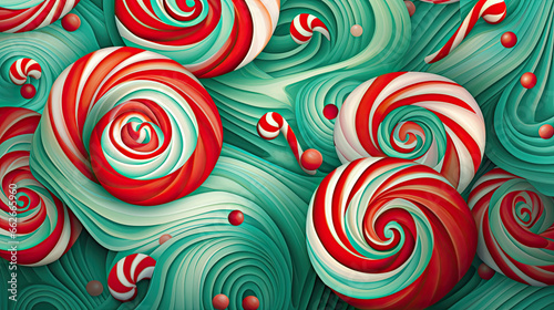 A vibrant array of candy canes and peppermints forming a playful swirling pattern