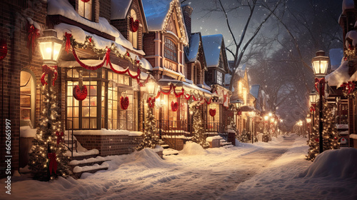 Rows of festively decorated storefronts with vibrant holiday displays snow-covered roofs and twinkling lights