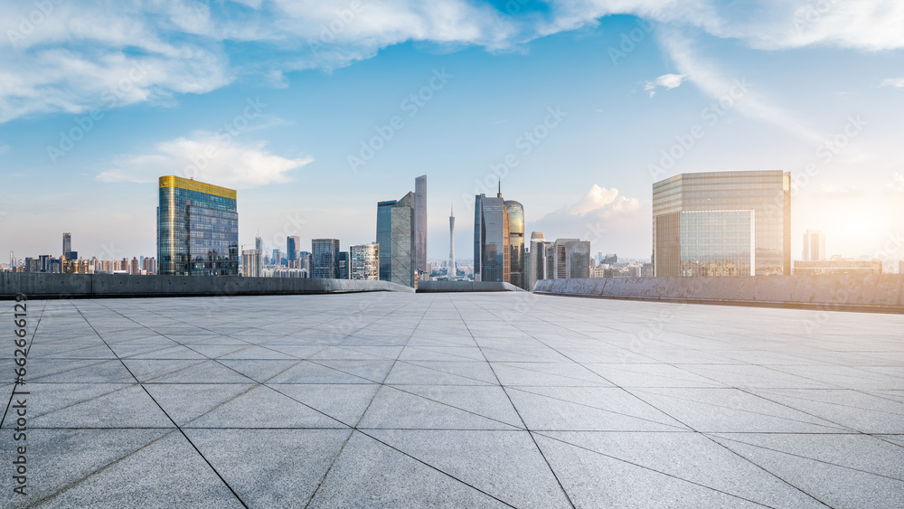 Fototapeta premium Guangzhou city skyline and modern buildings with empty square floors, Guangdong Province, China. Panoramic view.