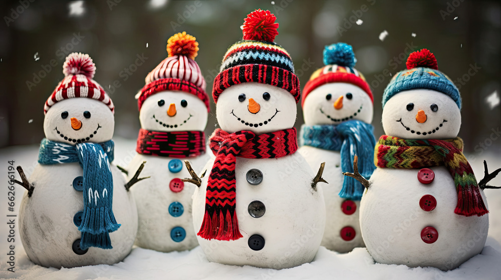 A vibrant array of friendly snowmen each with its own unique hat and scarf combination A vibrant array of friendly snowmen each with its own unique hat and scarf combination