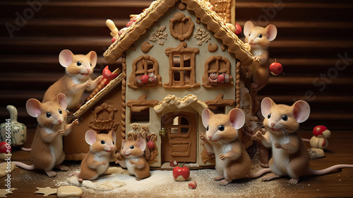 A playful pattern of mischievous mice helping themselves to crumbs from a gingerbread house