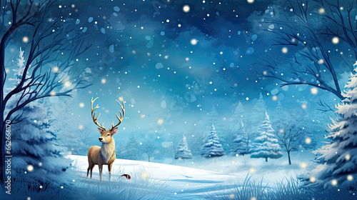 A whimsical design featuring Santa's reindeer taking a rest in a snowy clearing surrounded by twinkling stars © javier