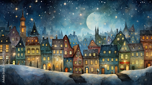 Rows of festively decorated houses with glowing windows smoke rising from chimneys and a starry night sky