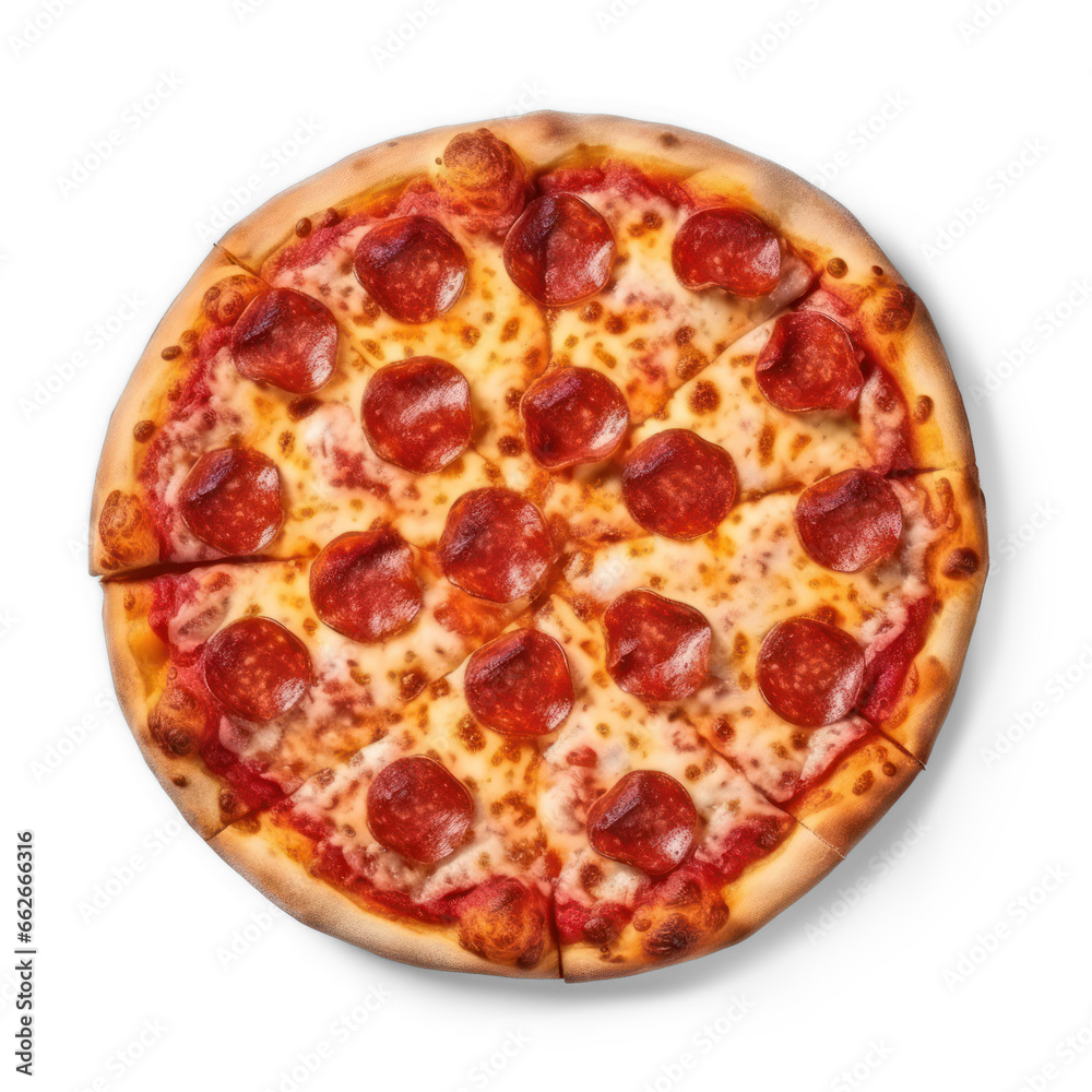 Delicious pepperoni pizza from above isolated on a white background. A cut-out pizza as a PNG.