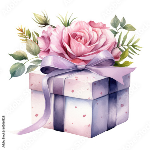 Birthday gift box and rose Illustration, Generative Ai
