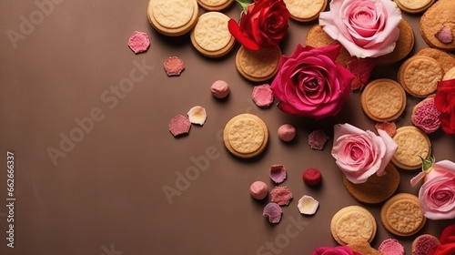 minimalistic background with cookies, cakes and sweets, top view with empty copy space