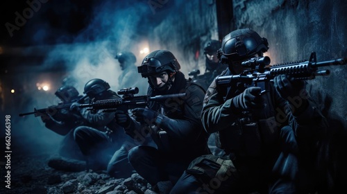 A group of military with weapons training at night photo