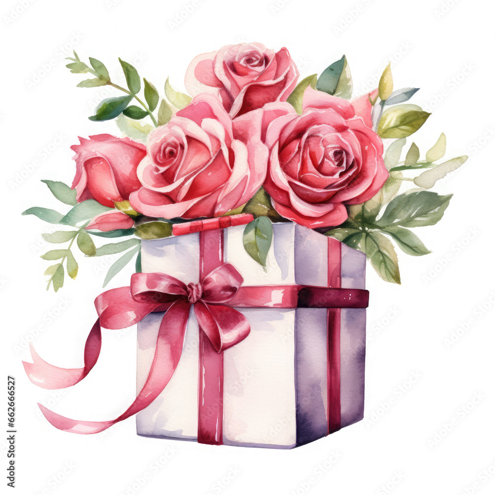 Birthday gift box and rose Illustration, Generative Ai