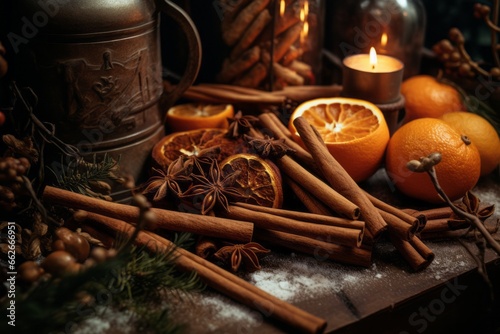 Warm winter spices like cinnamon sticks, nutmeg and oranges grouped with linen garlands and fur rosemary on fine olive wood. Generative Ai