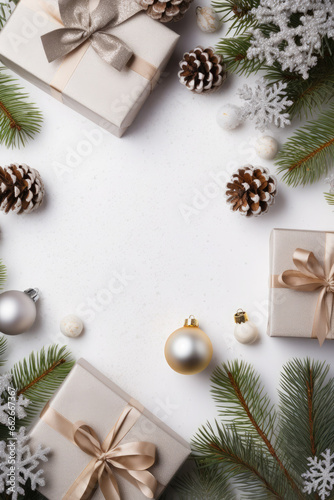 Christmas gift, pine cones, fir branches, Christmas balls on white background. Сopy space for text. Flat lay, top view.Christmas composition.Mock up.