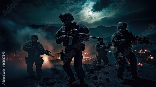 A group of military with weapons training at night