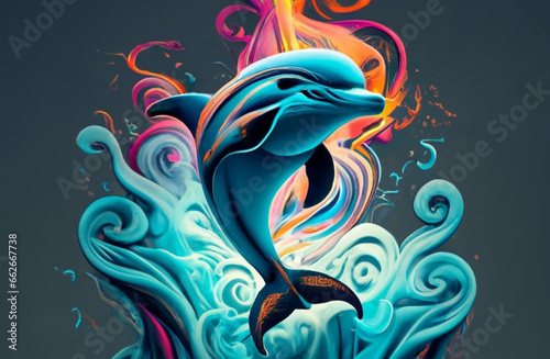 rearing dolphin made from highly detailed curling swirls, thin glowing multi-colored smoke, digital art, volumetric, 3D rendering, Octane render, illustration, wildlife photography, dark fantasy, AI