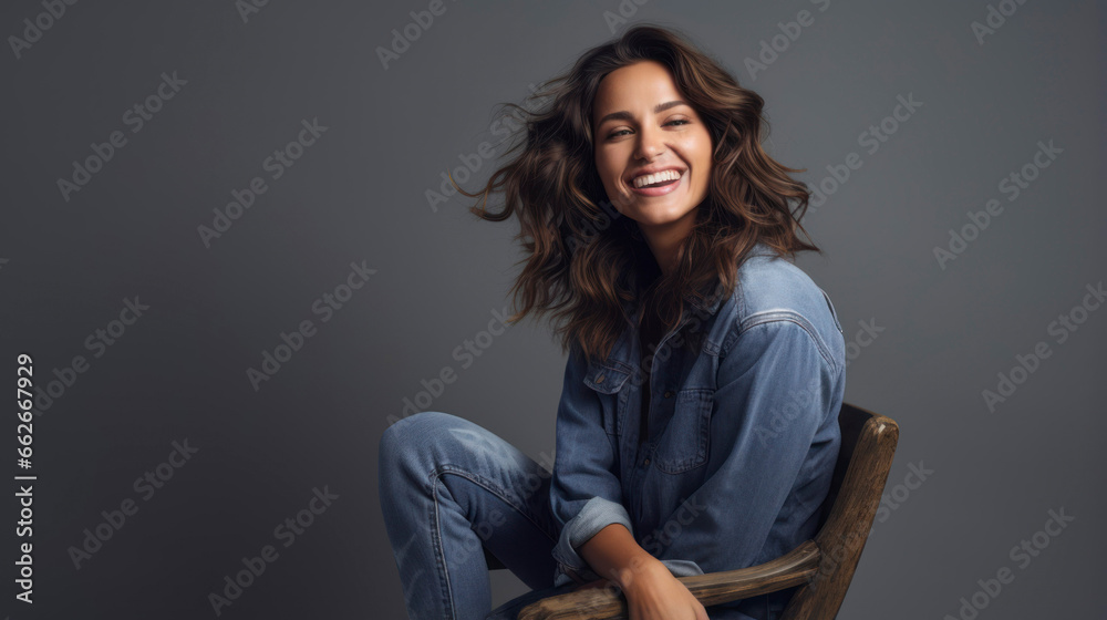 Attractive young fashionable woman sitting on a chair against grey background with rocking denim and copyspace Attractive young fashionable woman sitting on a chair against grey background with rocking denim and copyspace