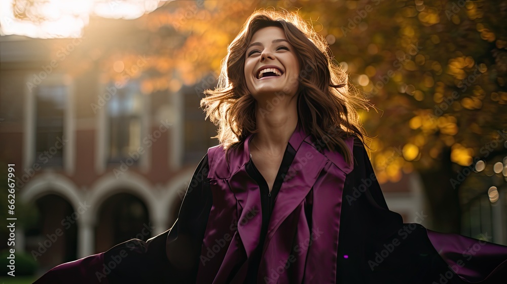Model in a graduation robe, emphasizing achievement and joy, set in a university campus.