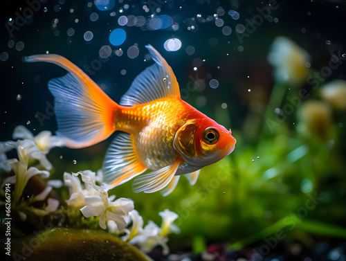 Vibrant Orange Goldfish Swimming Amidst White Flowers and Bubbles in a Clear Freshwater Aquarium