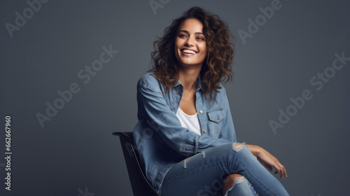 Attractive young fashionable woman sitting on a chair against grey background with rocking denim and copyspace photo