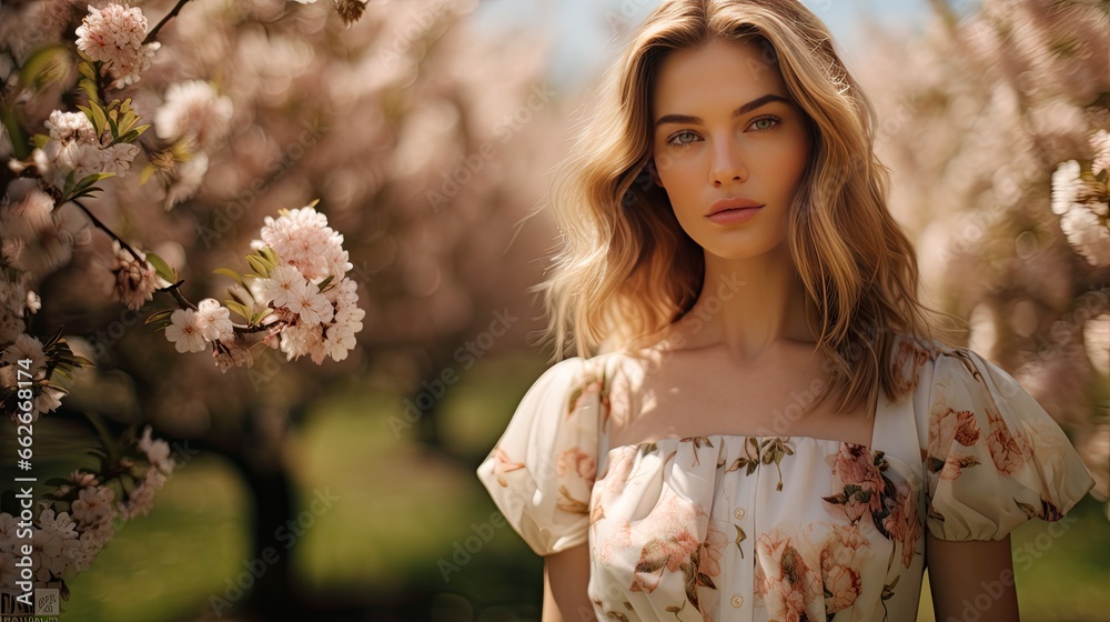 Model wearing spring florals, emphasizing freshness, set in a blossoming orchard. Model wearing spring florals, emphasizing freshness, set in a blossoming orchard.
