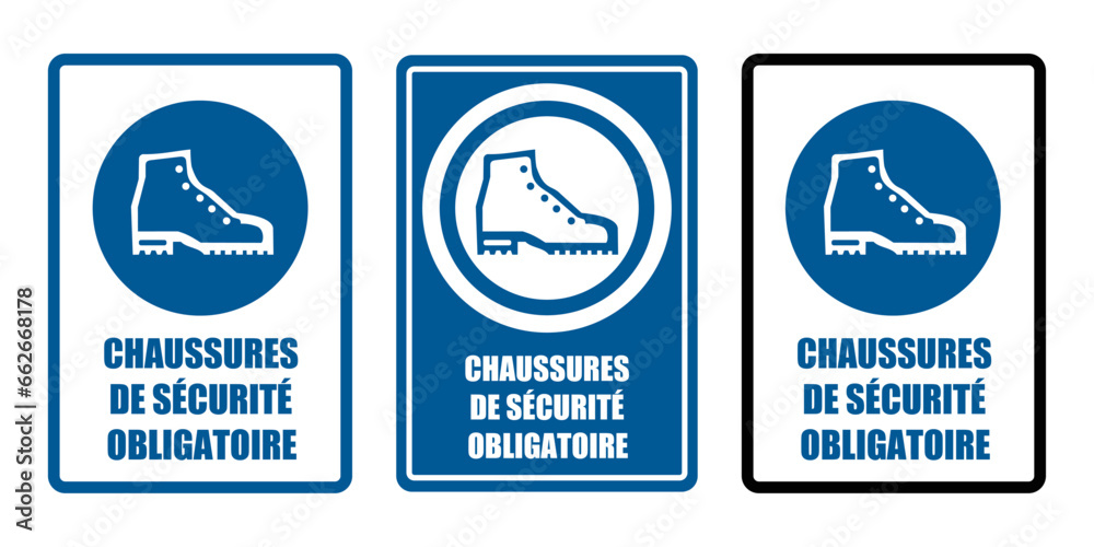 chaussures de sécurité obligatoire equipement sécurité travail EPI icones rond bleu - obrazy, fototapety, plakaty 