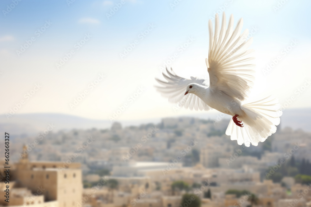 A white peace dove flying against a blue sky above a middle east city - obrazy, fototapety, plakaty 