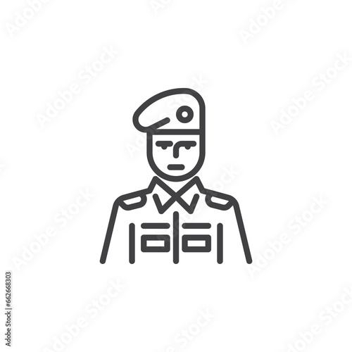 Army soldier with beret hat line icon