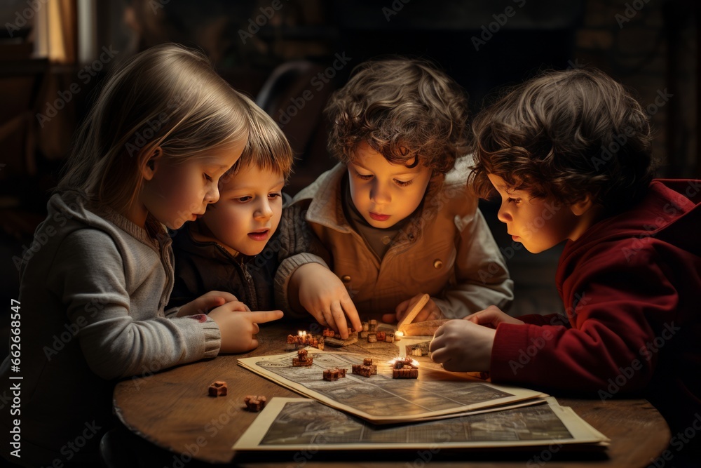 Fototapeta premium Kids play in a board game. AI generative