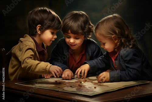 Kids play in a board game. AI generative