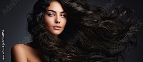 Attractive woman with dark wavy hair With copyspace for text