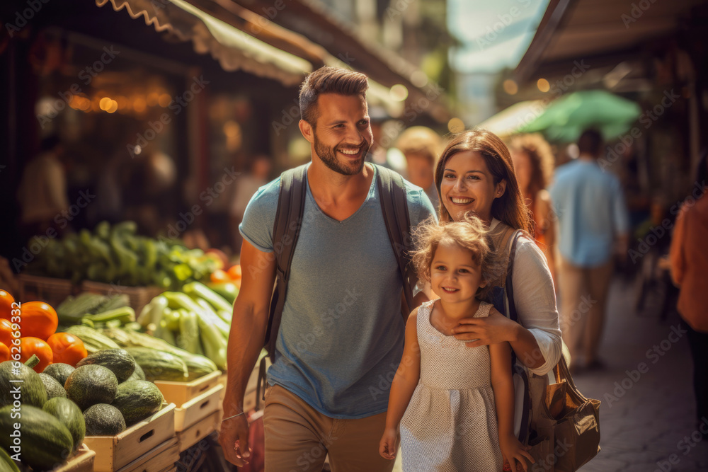 Family explores local market. Quality time exploring a vibrant market, filled with fresh produce stands and handmade goods