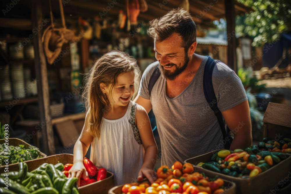 Family explores local market. Quality time exploring a vibrant market, filled with fresh produce stands and handmade goods