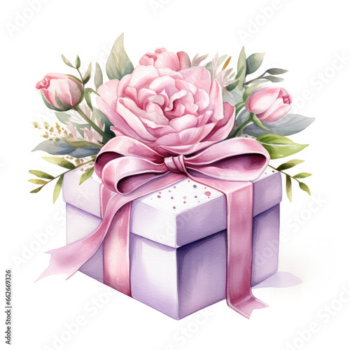 Birthday gift box and rose Illustration, Generative Ai