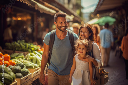 Family explores local market. Quality time exploring a vibrant market  filled with fresh produce stands and handmade goods