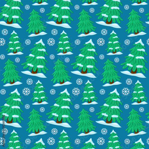 Seamless pattern of the winter forest. Christmas tree, snow. Forest green background. Festive Christmas wallpaper. Vector background for winter holidays, Christmas and New Year