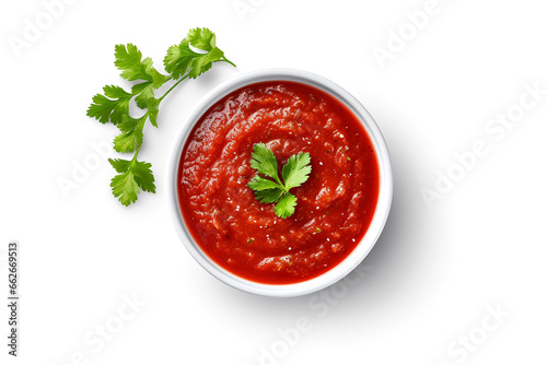 Sauce salsa in bowl on white background, top view