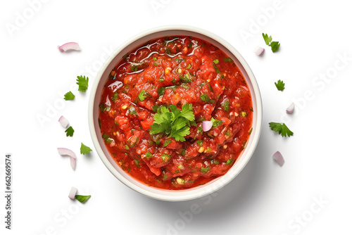 Sauce salsa in bowl on white background, top view